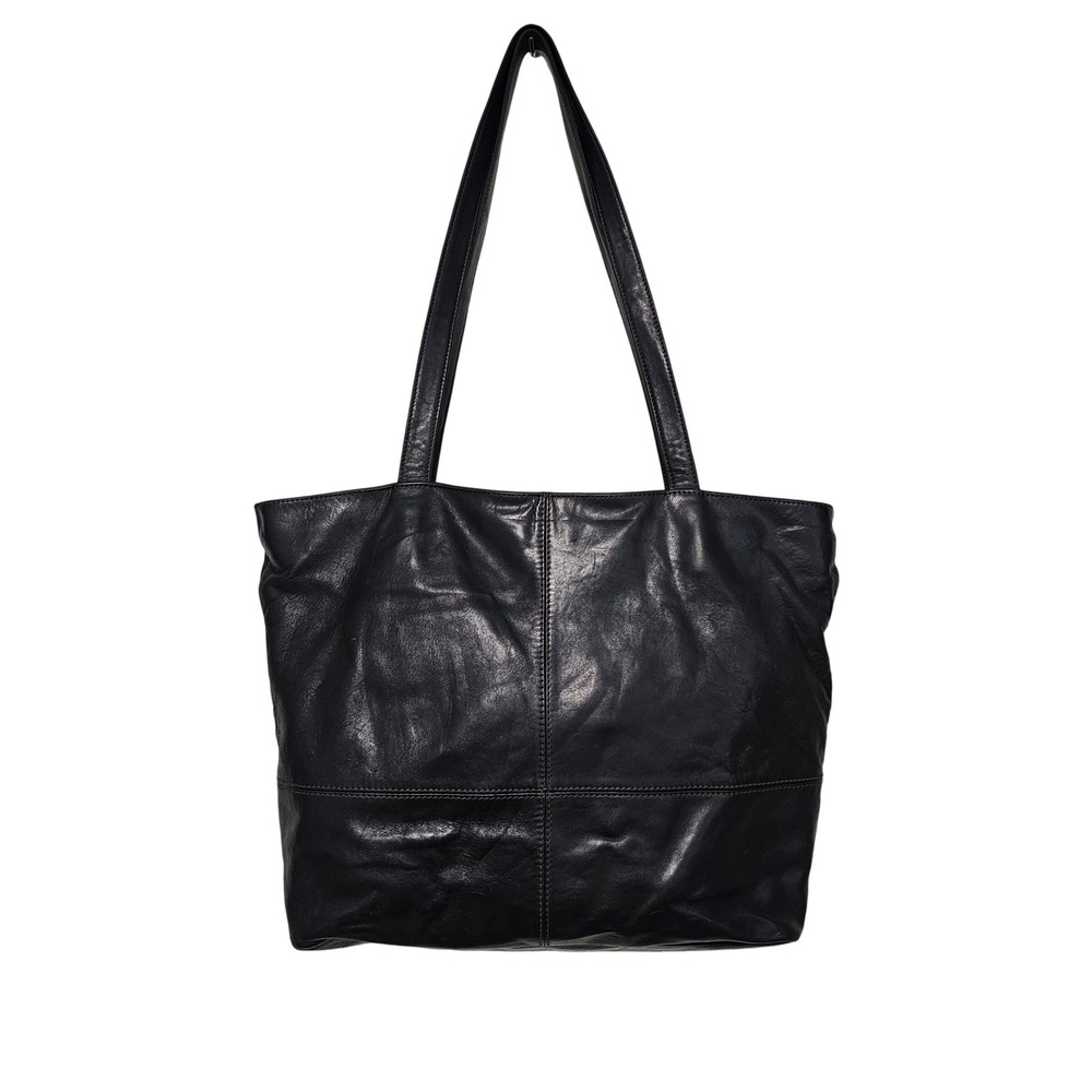 Eddie Bauer Black Leather Tote Large Zip Top Paneled Shoulder Bag Minimalist